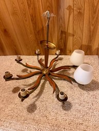 EXCEPTIONAL Mid Century Brass And Teak Chandelier In The Style Of Max Sauze ALL Globes Included