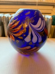 Hand Blown Davide Dona Murano Glass Vase Cobalt With Feathered Colors