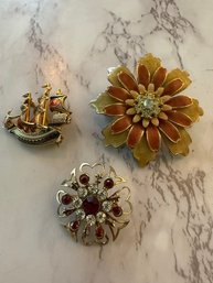 A Group Of Three Vintage Brooches, Large Floral  With Necklace Attachment