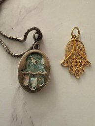 14kt Gold Hamsa, And Silver Hand Of God On Sterling Chain 16'