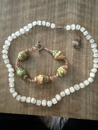 Necklace, Cloisonne Pendent And Paper Roll Bracelet