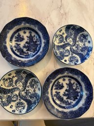 Set Of Four Flow Blue Asian Themed Monkey Dishes