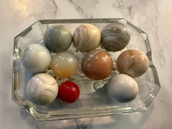 Vintage Clay And Glass Marbles And Etched Small Floral Ashtray/Tray Approx 3 1/2' Long