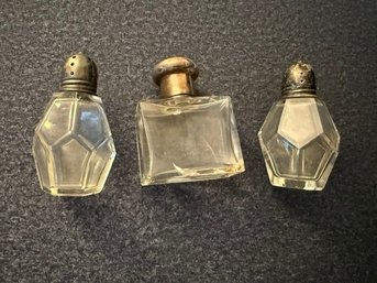 A Pair Of Sterling Silver Topped Salt And Pepper Shakers, Sterling .950 Topped Perfume Bottle As Is