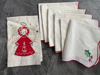 Cross Stitched Angel Hand Towel And 6 Napkins