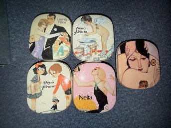 Collection Of 5 Art Deco Tins Filled With Soap, Henia De Ravia Spain, Minus One Soap
