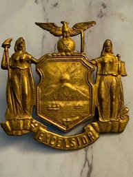 Smith & Warren Police New York Hat Badge 'Excelsior ' Brass Eagle Topped 1930's