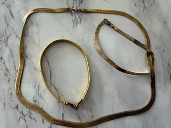 Gold Wash Over Sterling Silver Flat Snake Bracelet And Necklace, Gold Tone Clasp Bracet
