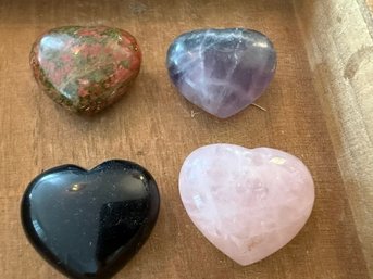 Four Heart Shaped Stones Rose Quartz, Onyx, Etc Approx 1 3/4' Each