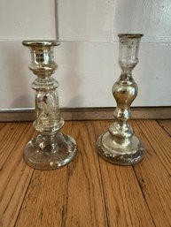Two Vintage Mercury Glass Candle Sticks Approx 8' Tall