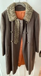 Best & Co, Fifth Ave, NYC Persian Lamb Collar Grey Wool Ladies Dress Coat Size 14