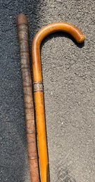 Two Antique Walking Sticks/cane One Etched With Asian Motifs, One With Sterling Silver Band