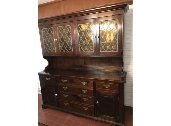 Dark Color Pine Wood China Cabinet With Stained Glass Win