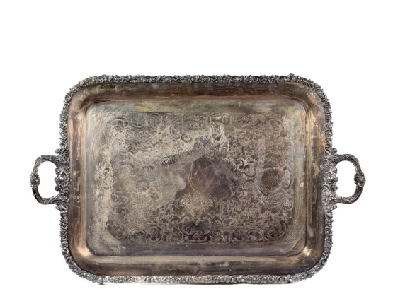 LARGE ENGRAVED (19th C) ENGLISH SILVER PLATE TRAY