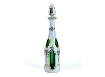 BOHEMIAN ENAMELED CUT TO EMERALD GLASS DECANTER