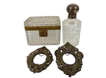 CUT GLASS BOX, BOTTLE, (2) BRASS FRAMES