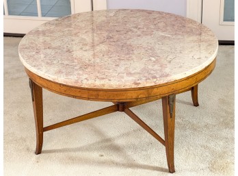 FRENCH MARBLE TOP MAHOGANY & BURLWOOD LOW TABLE