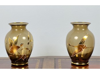 PAIR BOHEMIAN GLASS VASES w DUCKS