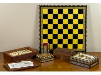 (3) BOXES, PEN HOLDER, GAME BOARD & DOMINOES