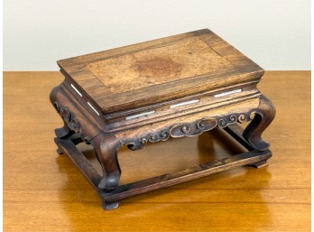 CARVED CHINESE STAND w BURLWOOD TOP