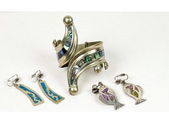 MEXICAN HINGED CUFF & (2) PAIR of EARRINGS
