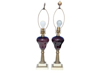 PAIR of (19th c) OIL LAMPS w/ AMETHYST GLASS FONTS
