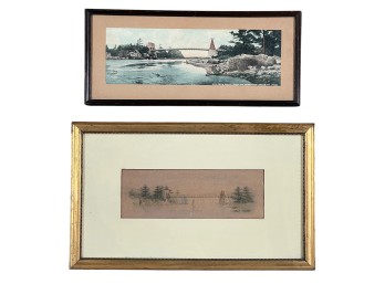 HAND COLORED PHOTO & SKETCH of OLD CHAIN BRIDGE