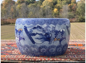 LARGE SIGNED BLUE & WHITE CHINESE JARDINIERE