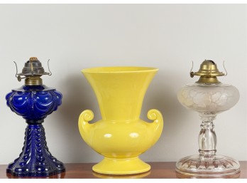 MCCOY POTTERY VASE & (2) OIL LAMPS