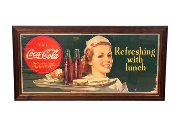 VINTAGE COCA COLA REFRESHING WITH LUNCH LITHO SIGN