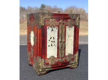 CHINESE BRASS BOUND JEWELERY BOX w/ JADE PLAQUES