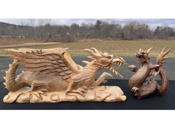 (2) (20th c) FINELY CARVED WOODEN DRAGON FIGURES
