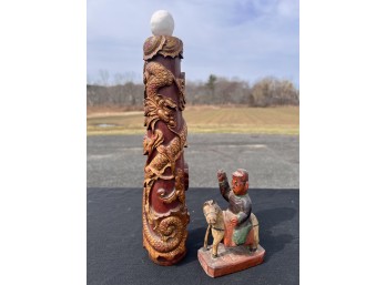 (2) VINTAGE CARVED AND PAINTED WOODEN ASIAN PIECES