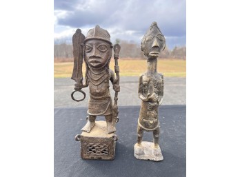 VINTAGE AFRICAN BRONZE FIGURE AND A BRASS EXAMPLE