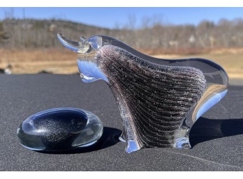 SIGNED ART GLASS PAPERWEIGHT AND BULL FIGURE