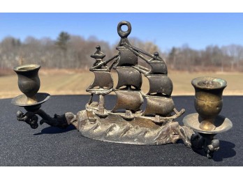 VINTAGE BRASS GALLEON HANGING WALL SCONCE