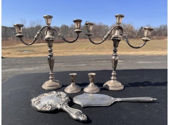 WEIGHTED STERLING SILVER CANDLESTICKS, MIRRORS