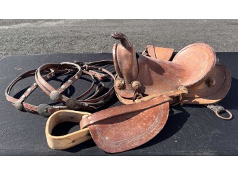 VINTAGE LEATHER SADDLE, ETC