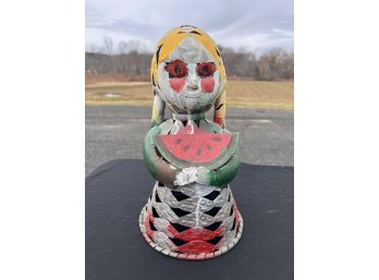 VINTAGE PAINTED ART METAL GIRL WITH WATERMELON