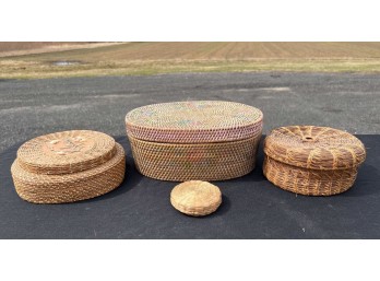 (4) COVERED WOVEN BASKETS
