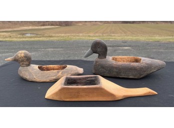 (2) ANTIQUE DUCK DECOY GREASE POTS AND A THIRD