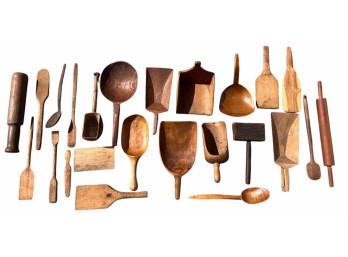GROUPING OF ANTIQUE WOODEN SCOOPS, TOOLS, ETC