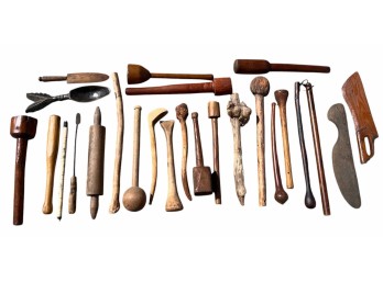 GROUPING OF ANTIQUE WOODEN CLUBS, TOOLS, ETC