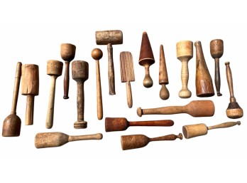 GROUPING OF ANTIQUE WOODEN PESTLES , TOOLS, ETC