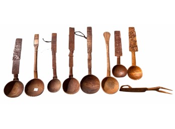 (8) ANTIQUE CARVED WOODEN LADLES AND A FORK