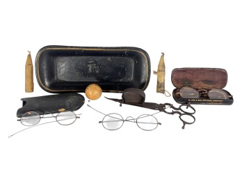 ANTIQUE SPECTACLES, MARBLE, TOLEWARE TRAY, ETC