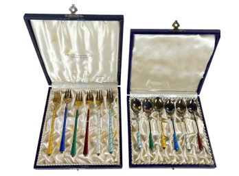 SET OF DANISH ENAMELED STERLING FORKS AND SPOONS