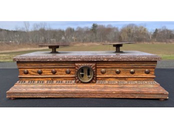ANTIQUE OAK CASED BALANCE SCALE w/ MARBLE TOP