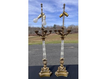 PAIR OF EMPIRE STYLE GLASS COLUMN CANDELABRA LAMPS