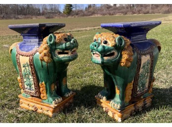 PAIR OF GLAZED CERAMIC FOO DOG GARDEN SEATS